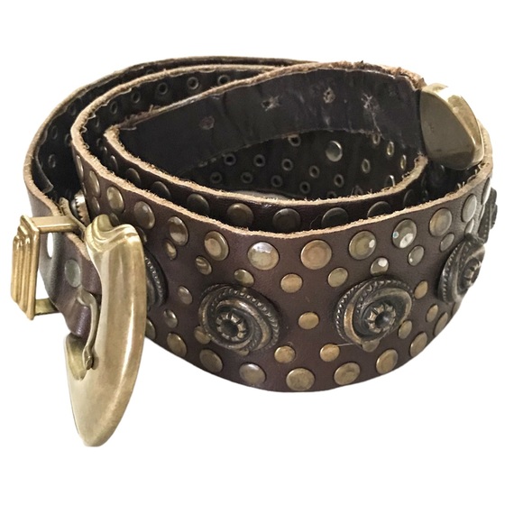 Studded Rosette Belt Brown Leather Brass Color Hardware Rustic Distressed - Picture 1 of 15